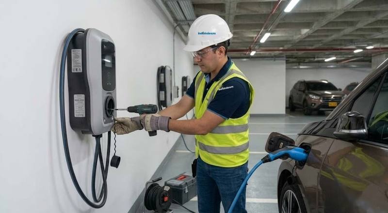Técnico instalando un cargador de pared para vehículo eléctrico en un parqueadero