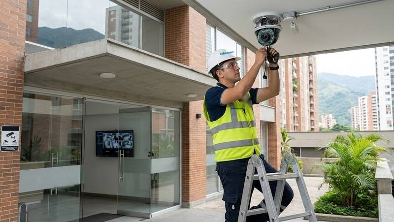 Técnico instalando una cámara de seguridad en la entrada de un edificio
