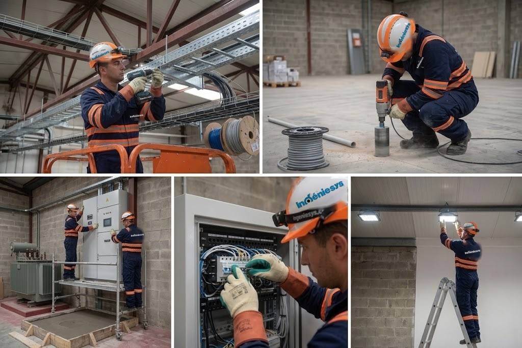 Cinco frentes de obra de Ingeniesys: montaje de bandejas portacables, perforación de piso, tableros junto a un transformador, cableado de un rack e instalación de luminarias
