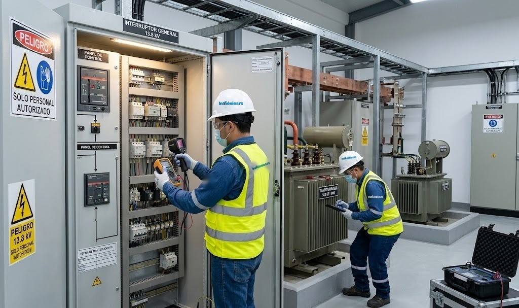 Técnicos de Ingeniesys revisando un tablero de control junto a transformadores en una subestación