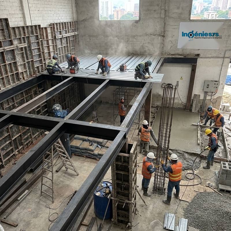 Cuadrillas de Ingeniesys fundiendo placa y armando columnas en una obra en Medellín