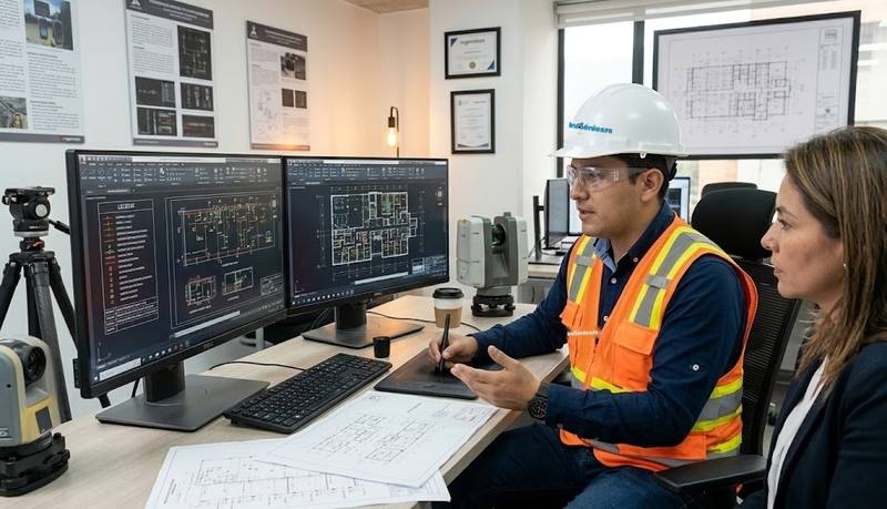 Ingeniero mostrando planos en AutoCAD a una clienta