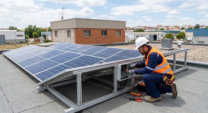 Técnico revisando la caja de conexiones de un sistema de paneles solares sobre una cubierta