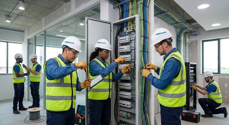 Equipo de técnicos cableando tableros eléctricos y bandejas portacables