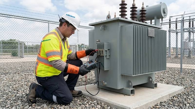 Técnico midiendo un transformador de distribución